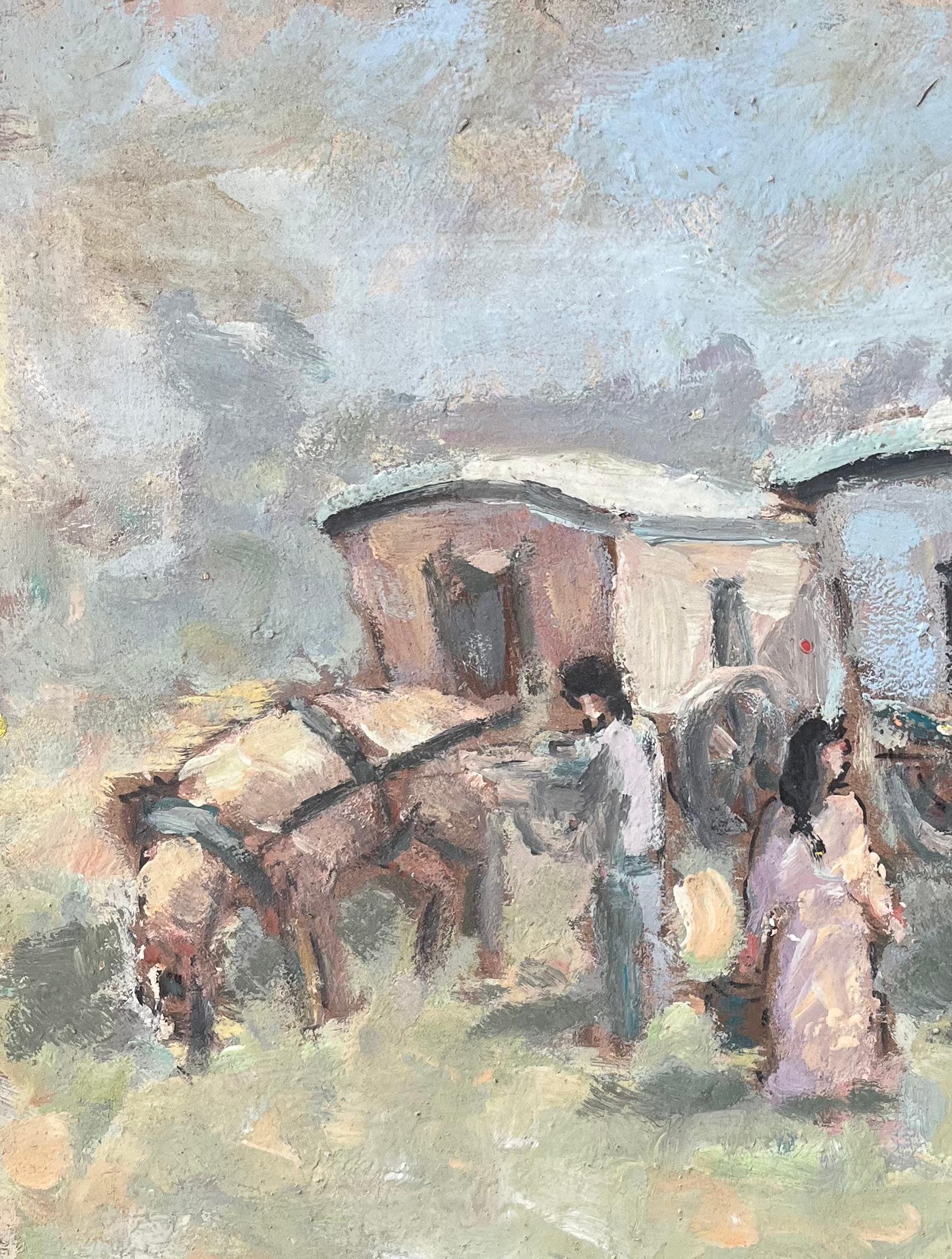 Óleo Impresionista Francés de Caballos y Caravanas en Escena Pastoral - Figurative Painting Gris de Fanch Lel