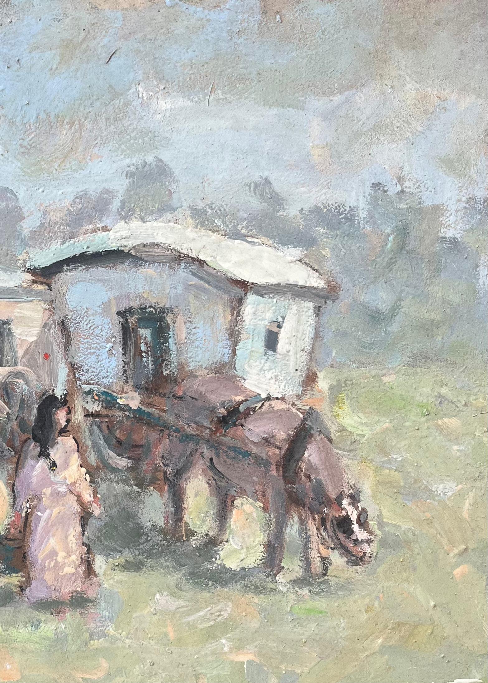Título: Óleo impresionista francés de caballos y caravanas en escena pastoral
Por Fanch Lel (francés, 1930)
Tamaño: 10,75 x 13,25 pulgadas (alto x ancho)
Óleo sobre tabla, sin enmarcar
Estado de conservación: El cuadro está en buen estado, con