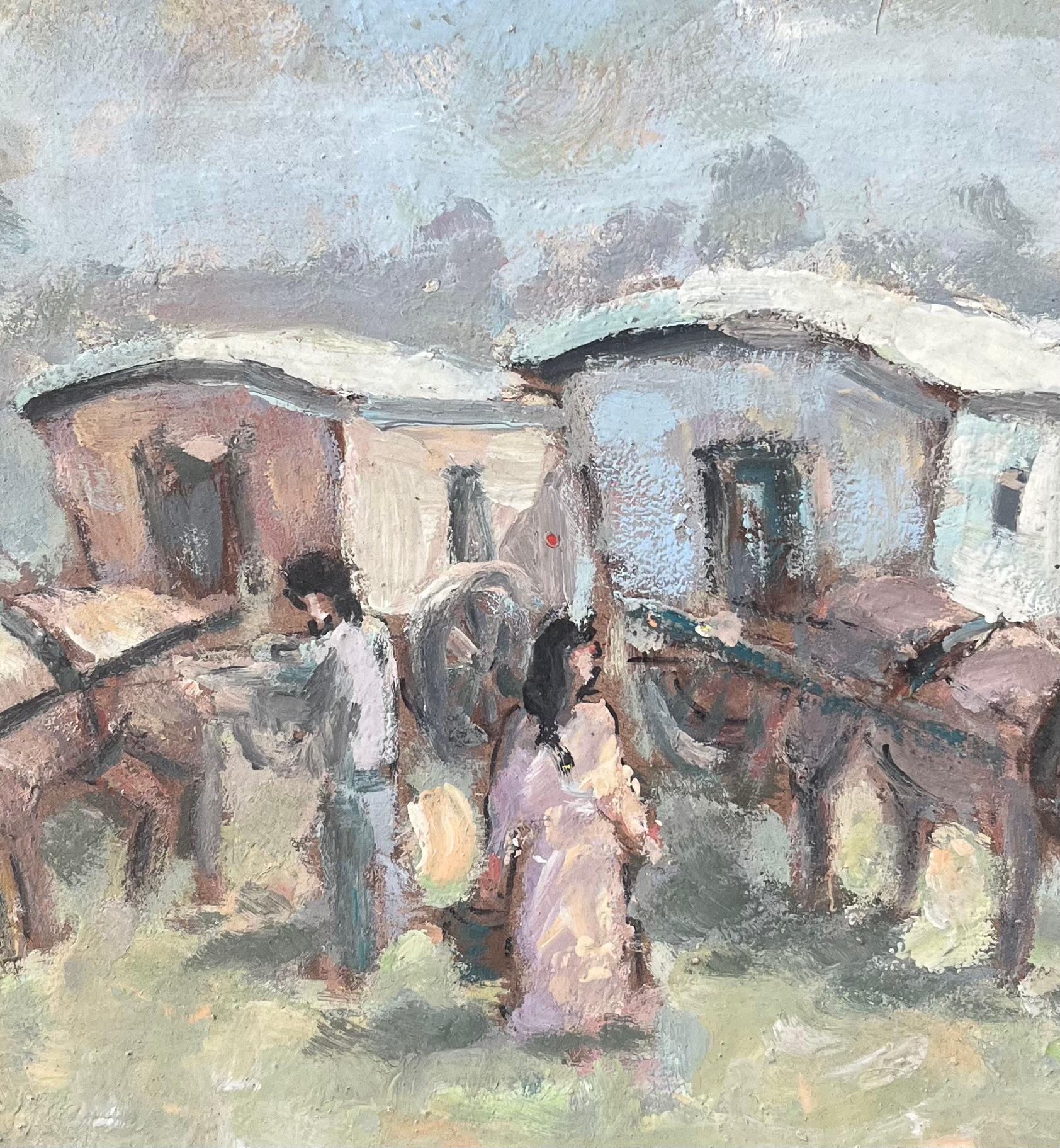 Óleo Impresionista Francés de Caballos y Caravanas en Escena Pastoral en venta 1