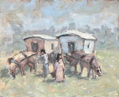 Óleo Impresionista Francés de Caballos y Caravanas en Escena Pastoral