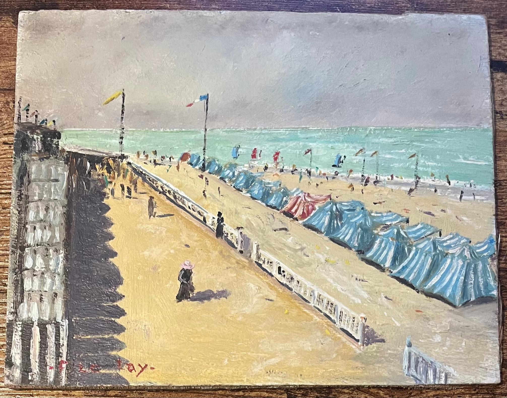 French Impressionist Oil Painting of La Plage de Cabourg, a Picturesque Beach - Gray Landscape Painting by Fanch Lel