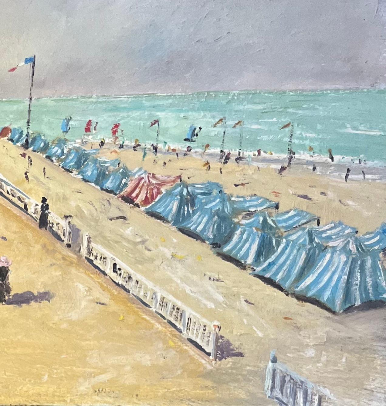 Title: French Impressionist Oil Painting of La Plage de Cabourg, a Picturesque Beach
By Fanch Lel (French b. 1930)
Size: 8.25 x 10 inches (height x width)
Signed: Yes
Oil painting on board, unframed
Condition: The painting is in good condition, with
