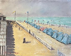 Vintage French Impressionist Oil Painting of La Plage de Cabourg, a Picturesque Beach