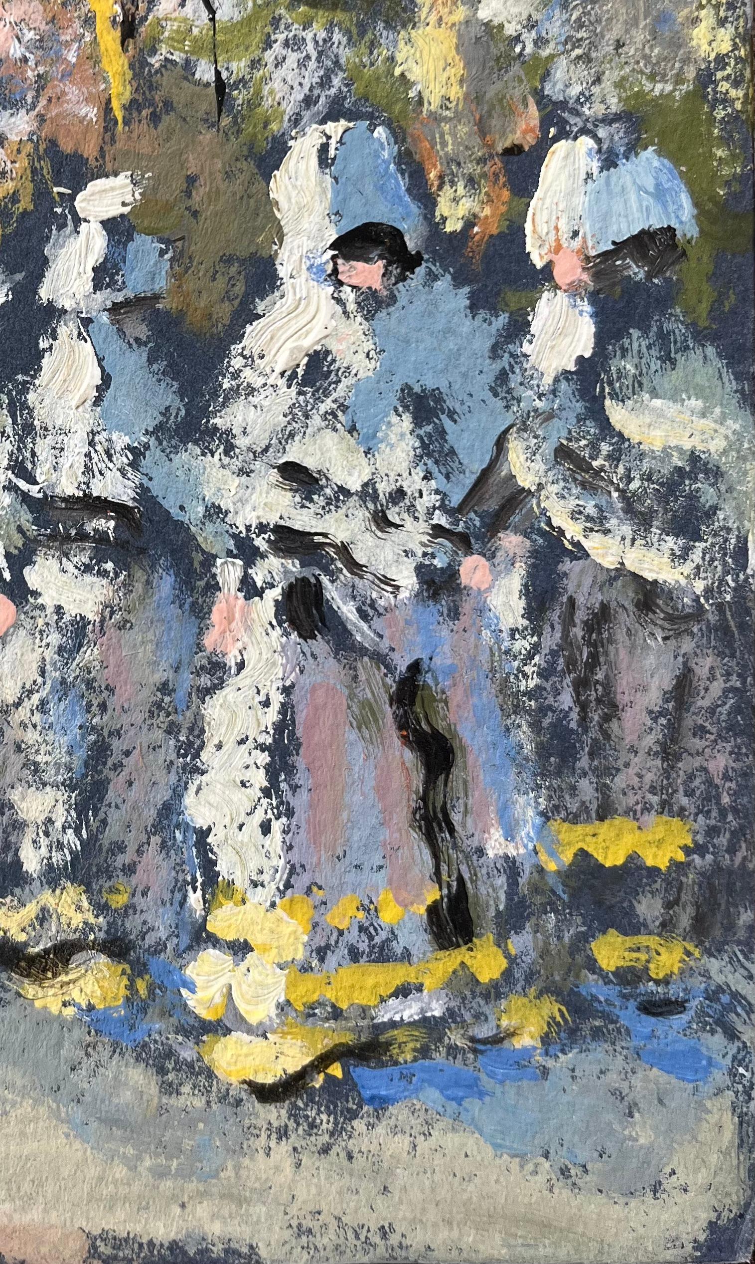 Title: French Impressionist Oil Painting of La Procession du Folgoët, Brittany
By Fanch Lel (French b. 1930)
Size: 6.25 x 4.5 inches (height x width)
Signed: Yes
Oil painting on cardboard, unframed
Condition: The painting is in good