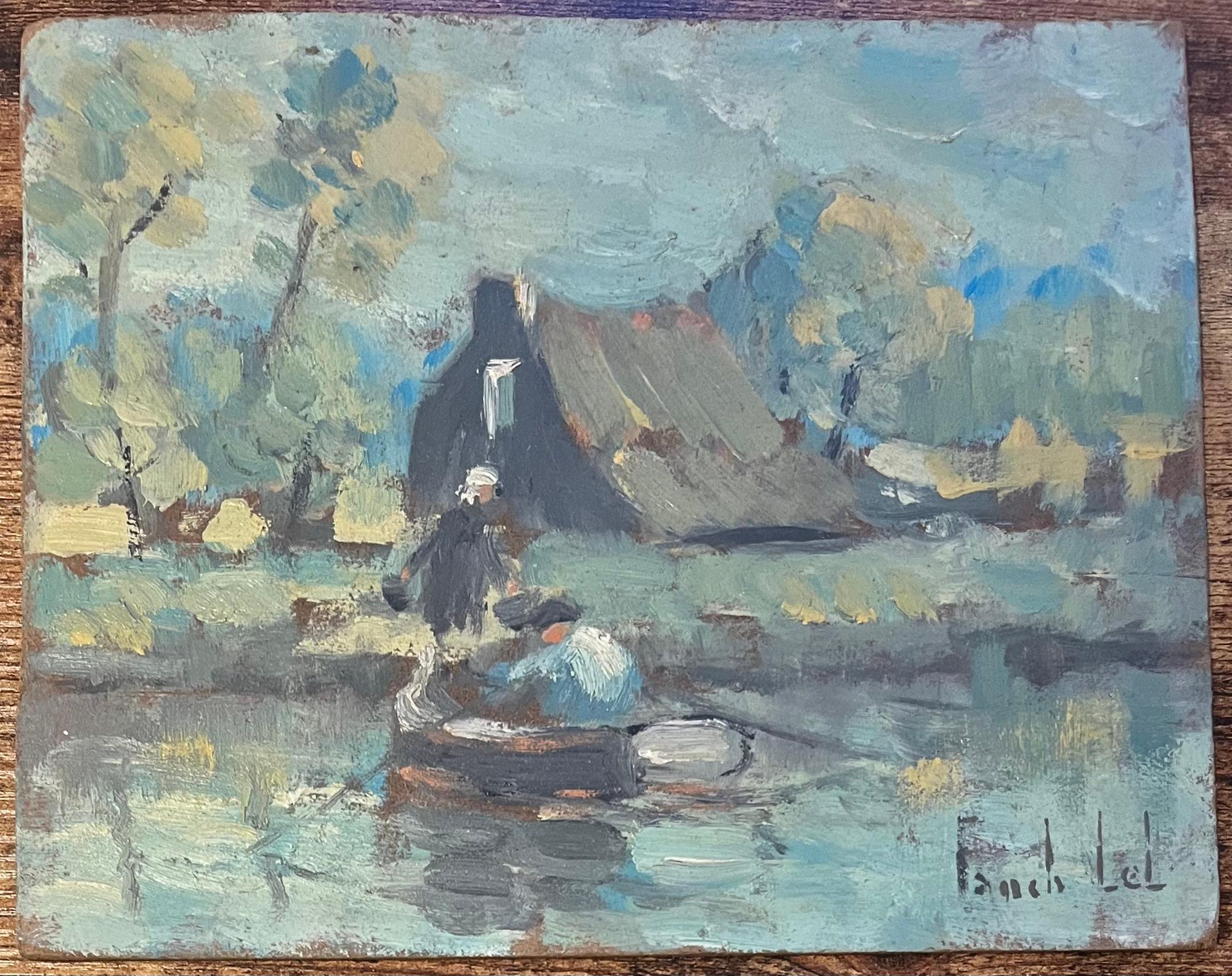 Quadro a olio impressionista francese di La Vieille Ferme, Vandea, con barca a remi - Painting di Fanch Lel