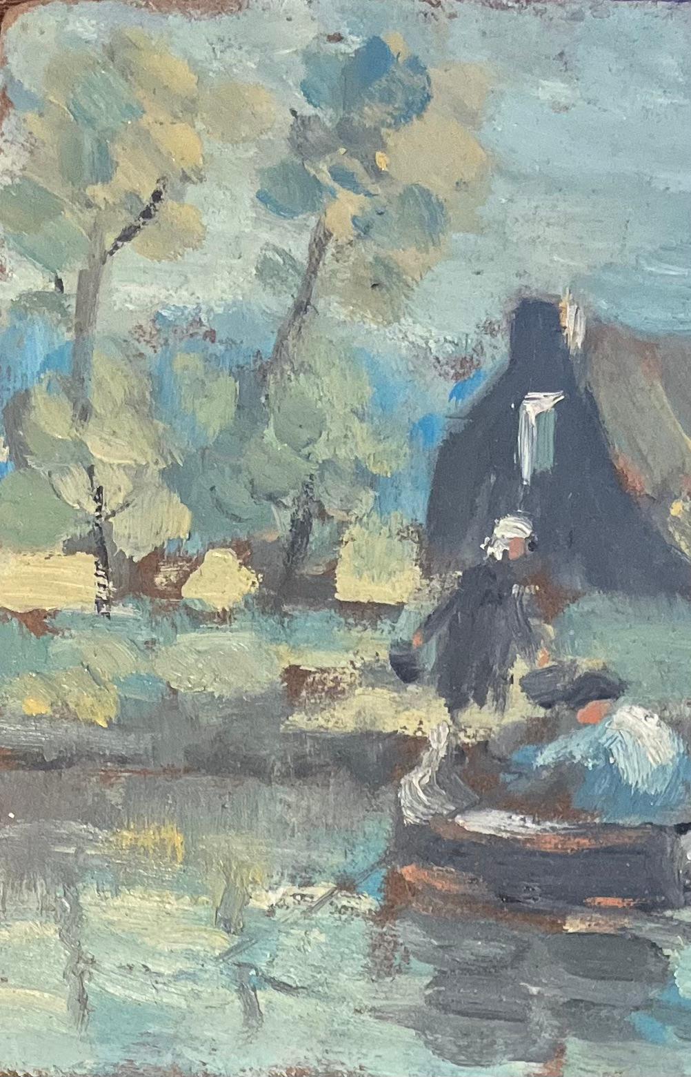 Quadro a olio impressionista francese di La Vieille Ferme, Vandea, con barca a remi - Landscape Painting Grigio di Fanch Lel