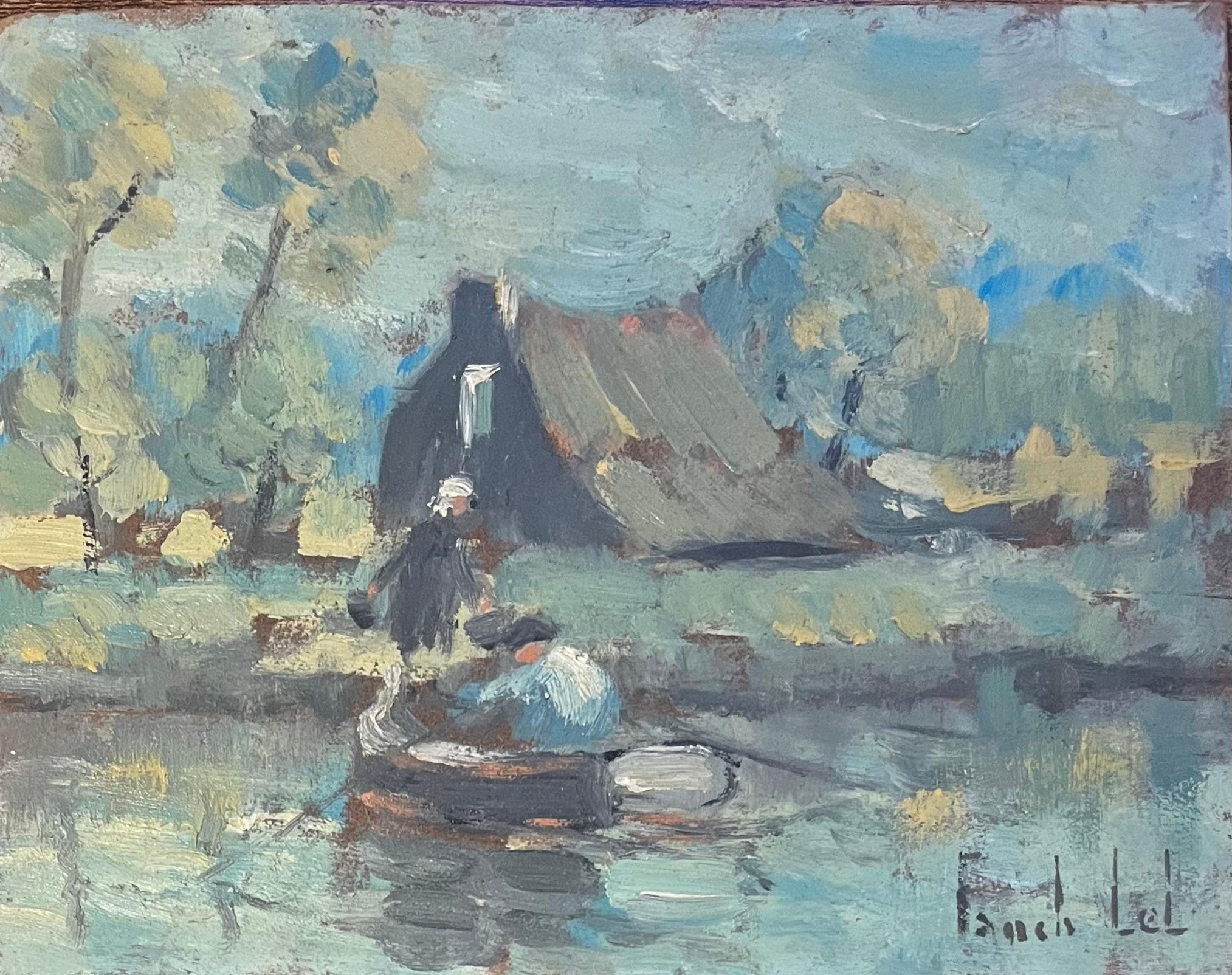 Landscape Painting di Fanch Lel - Quadro a olio impressionista francese di La Vieille Ferme, Vandea, con barca a remi