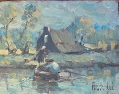 Peinture à l'huile impressionniste française de La Vieille Ferme, Vendée, avec bateau à rames