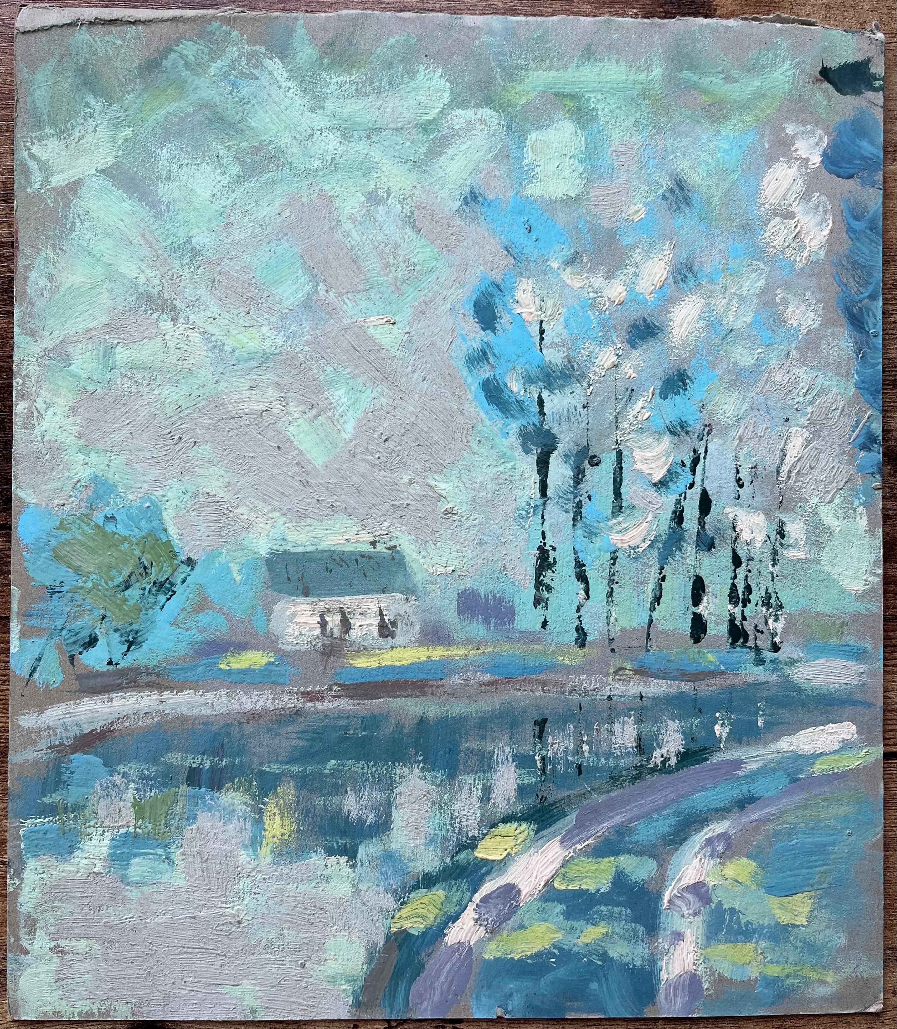 Ölgemälde eines französischen Impressionisten mit Bäumen am Seeufer und Cottage Path – Painting von Fanch Lel
