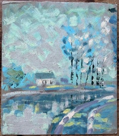 Quadro a olio impressionista francese con alberi e sentiero di un cottage in riva al lago