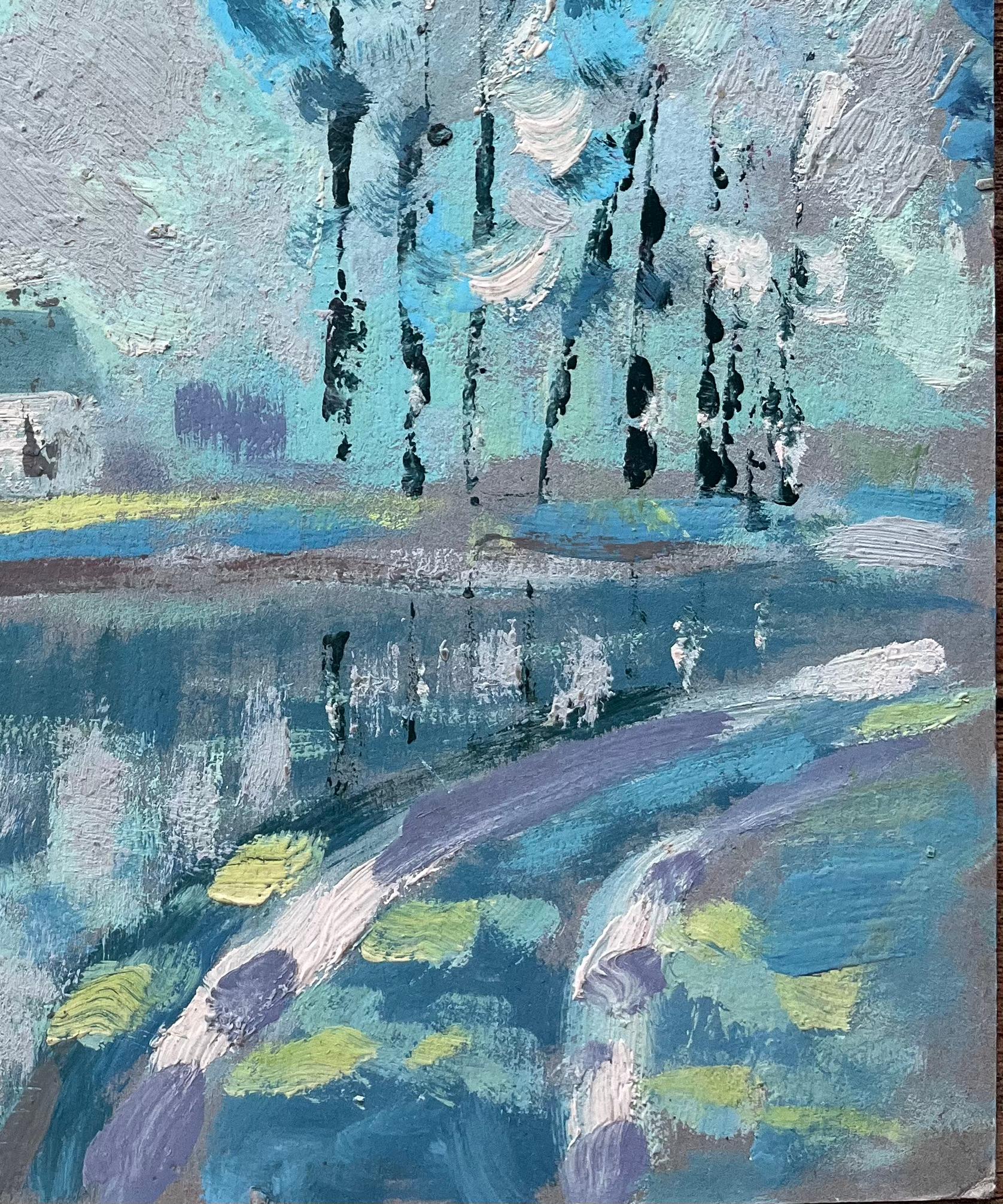 Ölgemälde eines französischen Impressionisten mit Bäumen am Seeufer und Cottage Path (Impressionismus), Painting, von Fanch Lel
