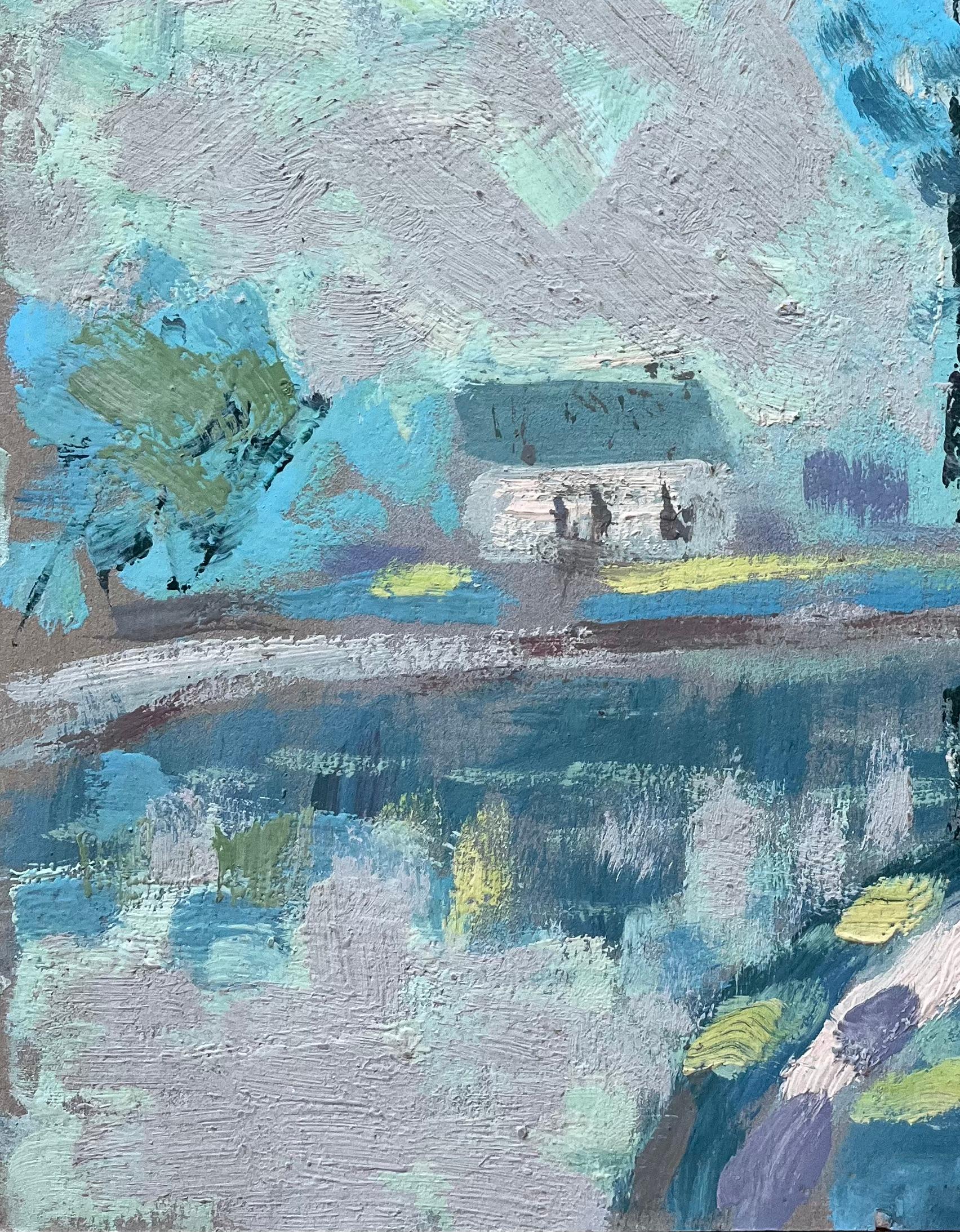 Ölgemälde eines französischen Impressionisten mit Bäumen am Seeufer und Cottage Path (Blau), Landscape Painting, von Fanch Lel