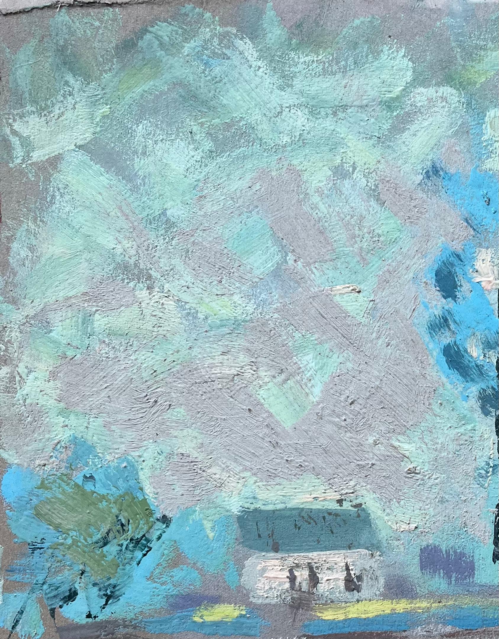 Titel: Ölgemälde eines französischen Impressionisten mit Bäumen am Seeufer und Cottage Path
von Fanch Lel (Franzose, geb. 1930)
Größe: 11,25 Zoll (Höhe) x 10 Zoll (Breite)
Gouache-Gemälde auf Karton, ungerahmt
Zustand: Das Gemälde ist in gutem