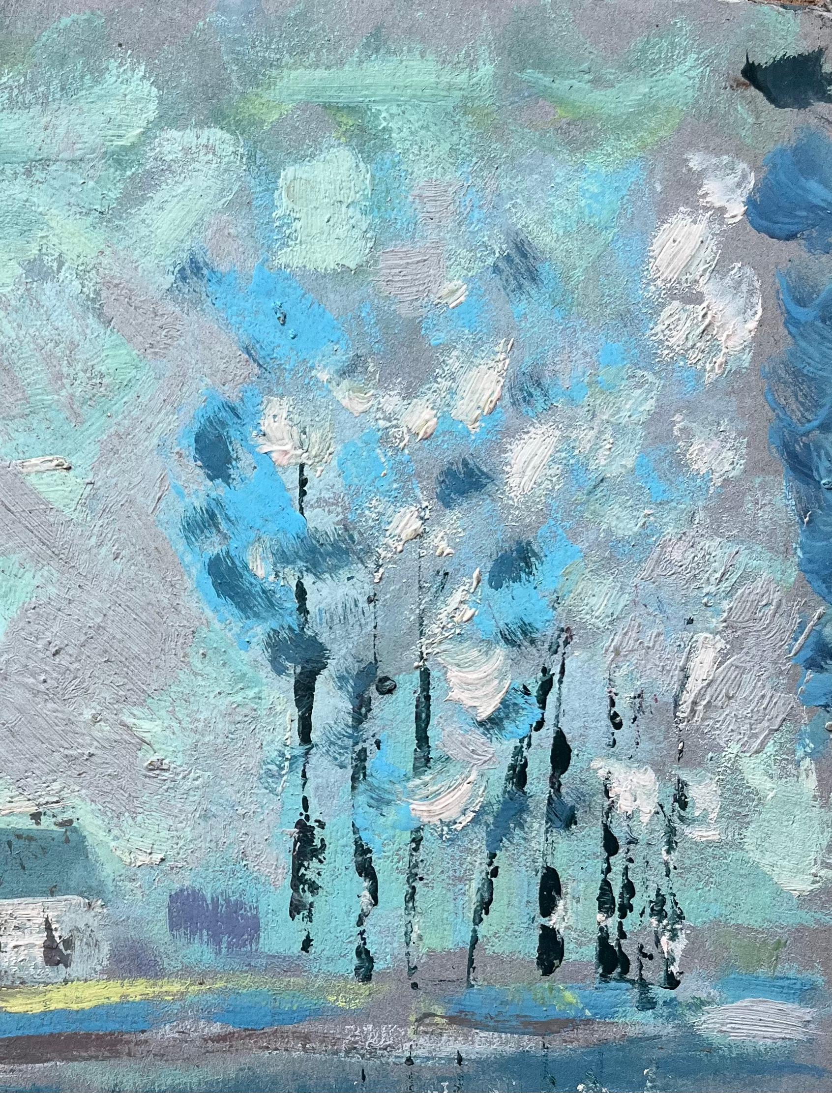 Ölgemälde eines französischen Impressionisten mit Bäumen am Seeufer und Cottage Path im Angebot 1