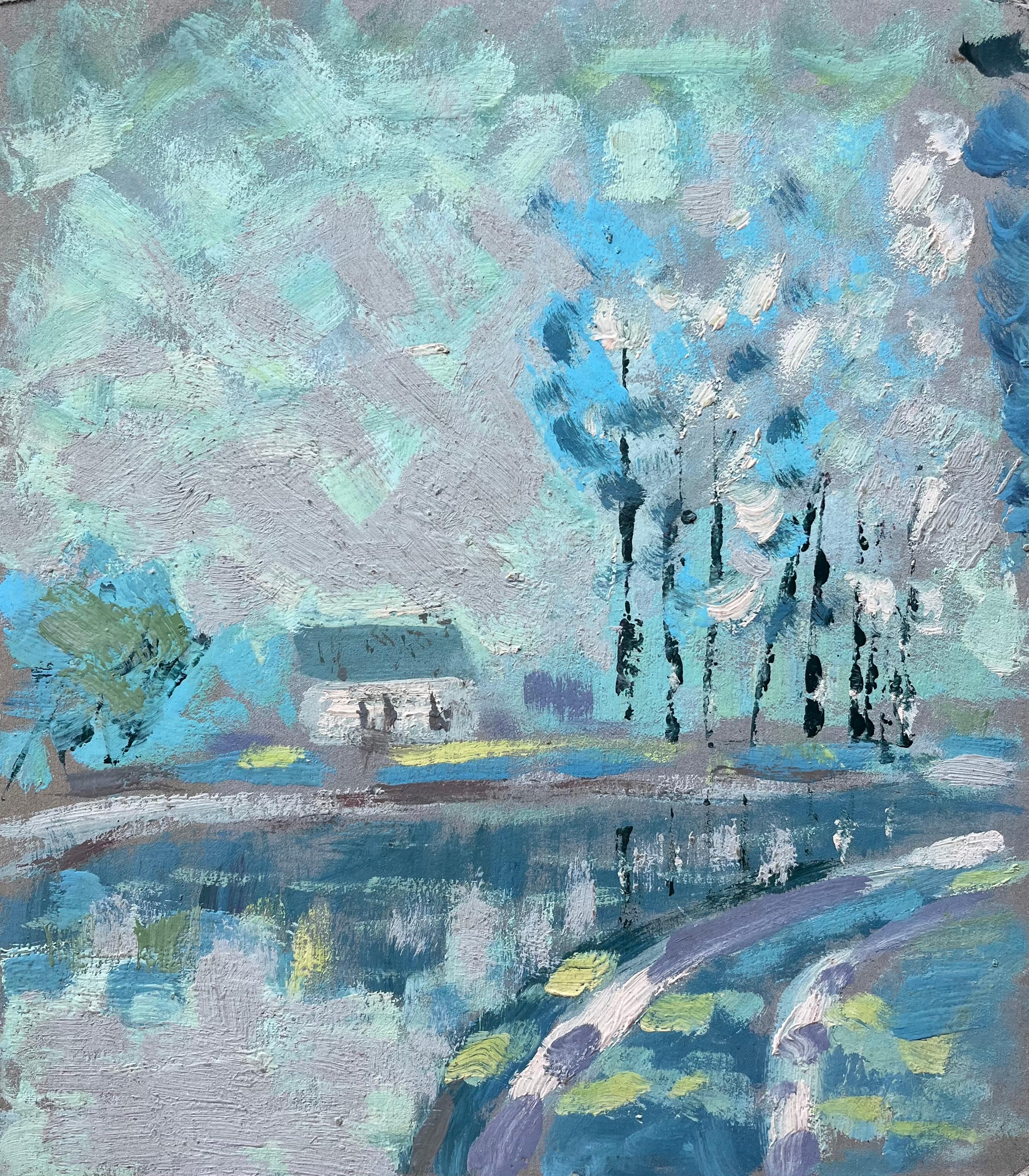 French Impressionist Oil Painting of Lakeside Trees and Cottage Path