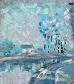 French Impressionist Oil Painting of Lakeside Trees and Cottage Path