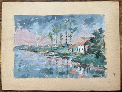 Peinture à l'huile impressionniste française représentant un paysage de cottages de bord de rivière au crépuscule