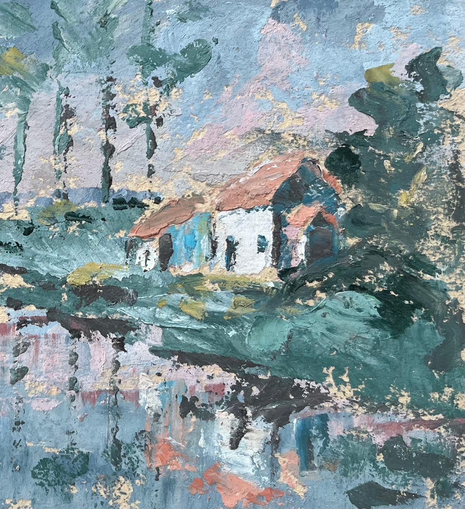 Title: French Impressionist Oil Painting of Landscape of Riverside Cottages at Dusk
By Fanch Lel (French b. 1930)
Size: 7 x 9.5 inches (height x width)
Oil painting on board, unframed
Condition: The painting is in good condition, with minor signs of