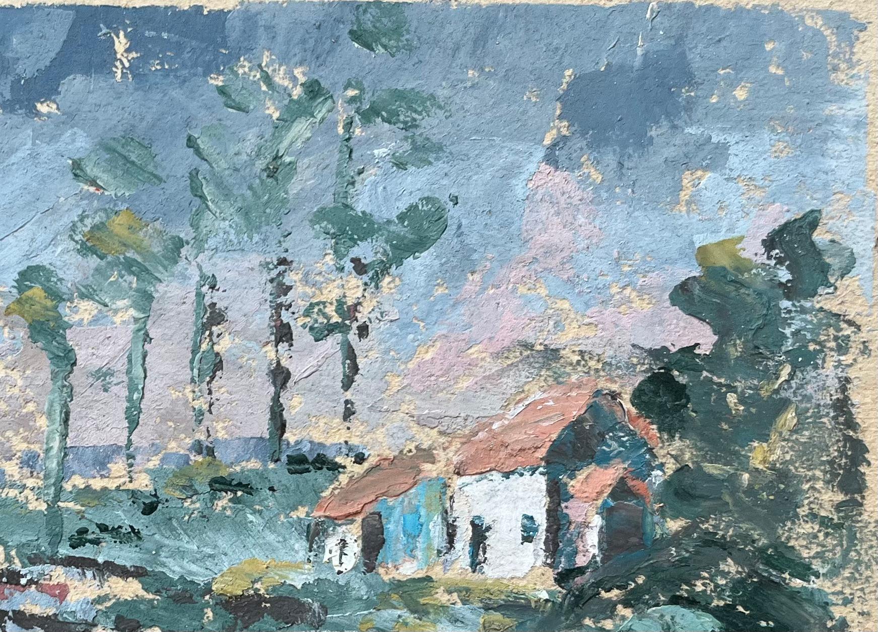 French Impressionist Oil Painting of Landscape of Riverside Cottages at Dusk For Sale 1
