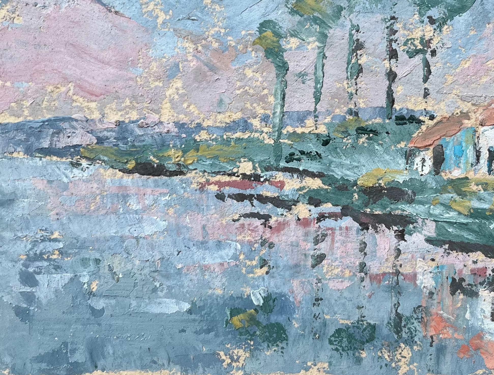 French Impressionist Oil Painting of Landscape of Riverside Cottages at Dusk For Sale 2