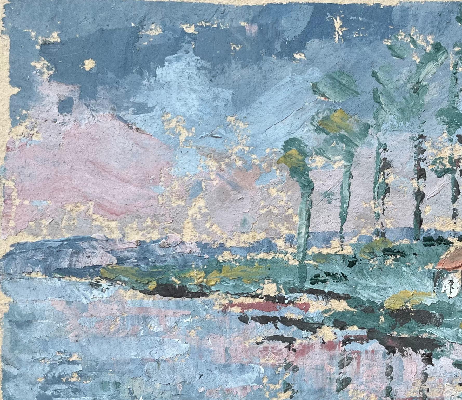 French Impressionist Oil Painting of Landscape of Riverside Cottages at Dusk For Sale 3