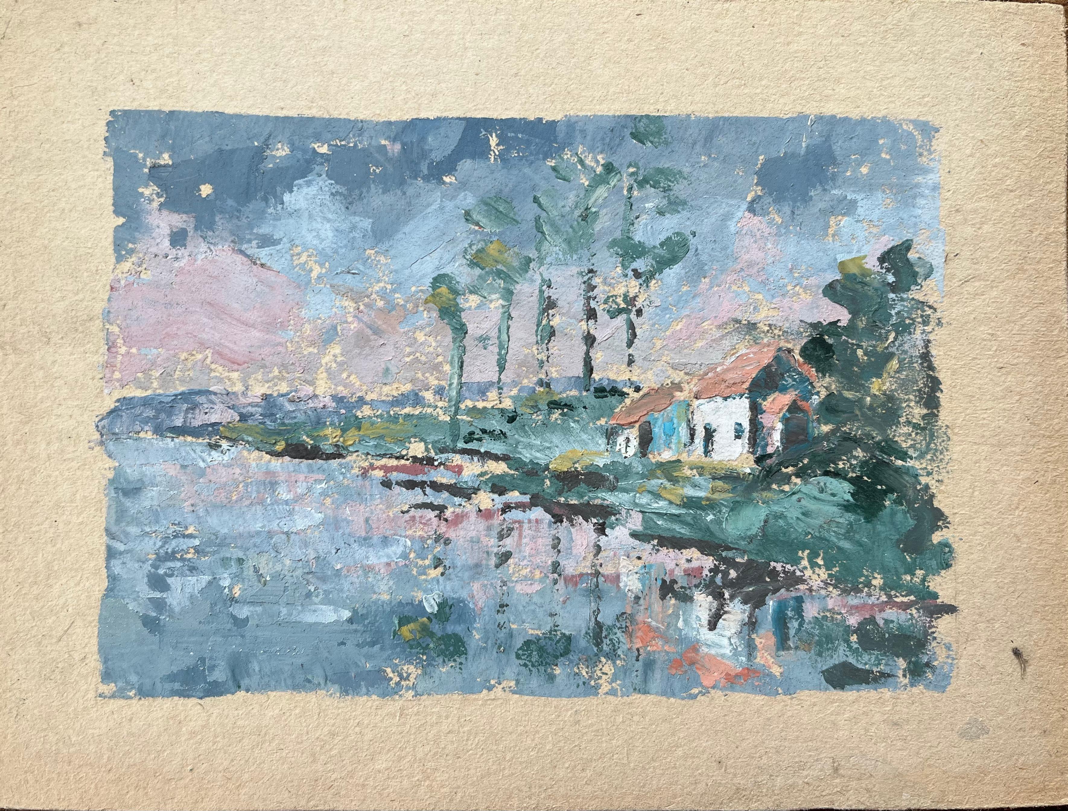 Fanch Lel Landscape Painting - French Impressionist Oil Painting of Landscape of Riverside Cottages at Dusk