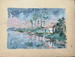 Pintura al óleo impresionista francesa de Paisaje de cabañas ribereñas al atardecer