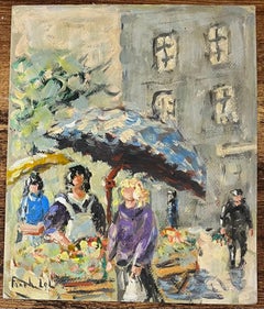 Peinture à l'huile impressionniste française représentant une scène de marché avec des personnages