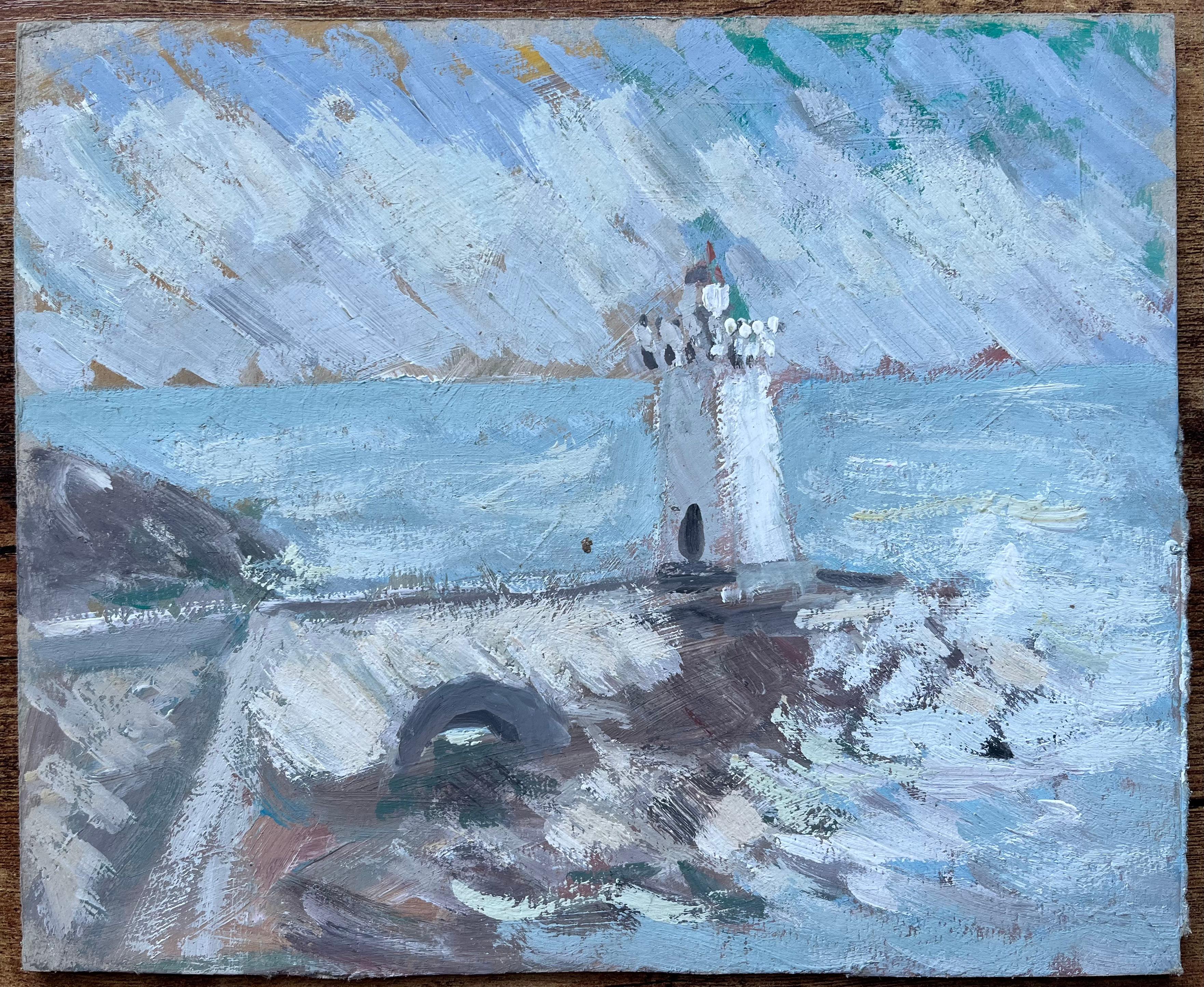 Französischer Impressionist Ölgemälde von Leuchtturm und stürmischer Küstenlinie – Painting von Fanch Lel
