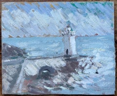 Französischer Impressionist Ölgemälde von Leuchtturm und stürmischer Küstenlinie