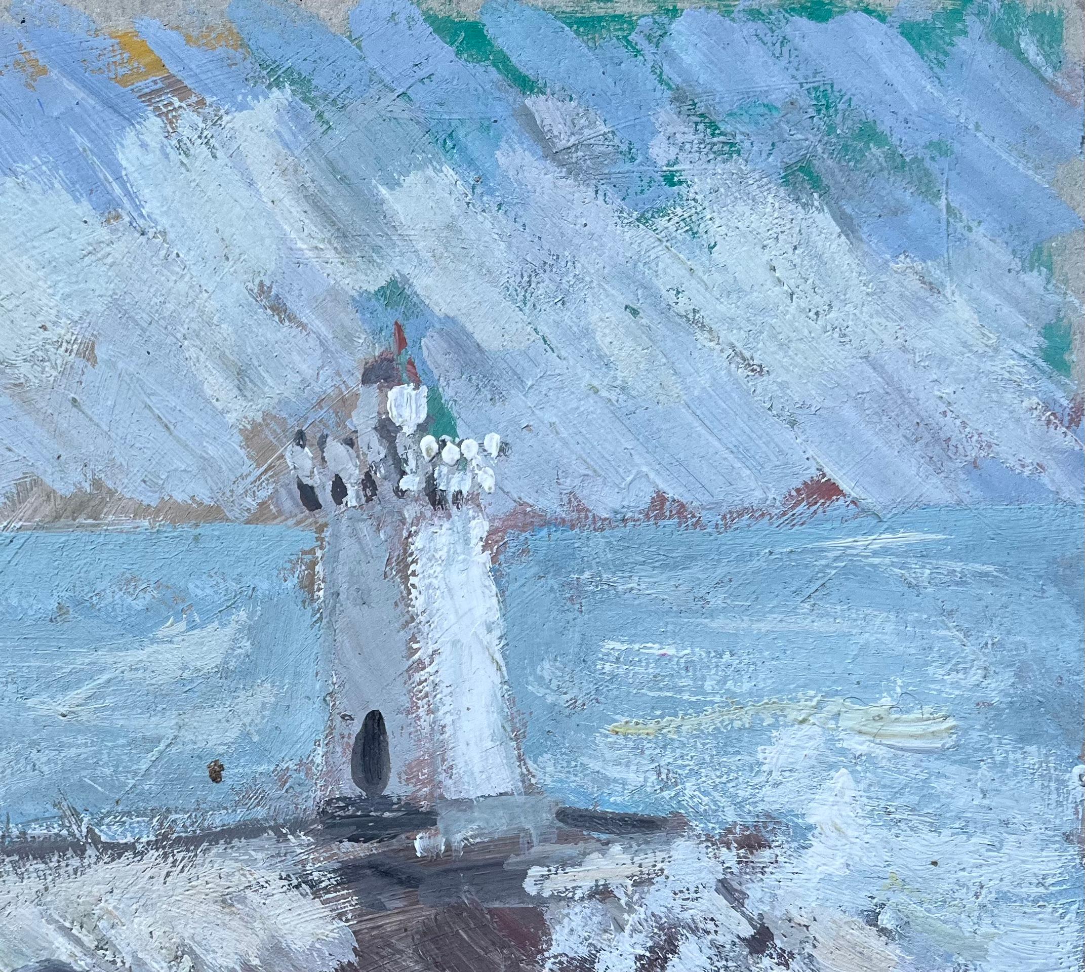 Französischer Impressionist Ölgemälde von Leuchtturm und stürmischer Küstenlinie (Impressionismus), Painting, von Fanch Lel