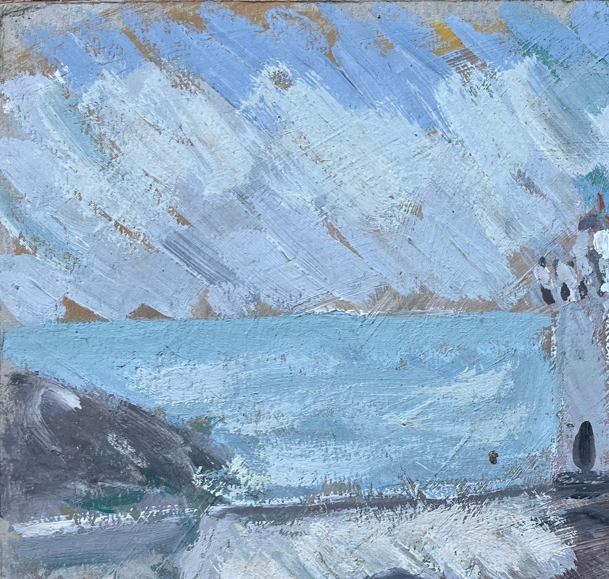 Französischer Impressionist Ölgemälde von Leuchtturm und stürmischer Küstenlinie (Blau), Landscape Painting, von Fanch Lel