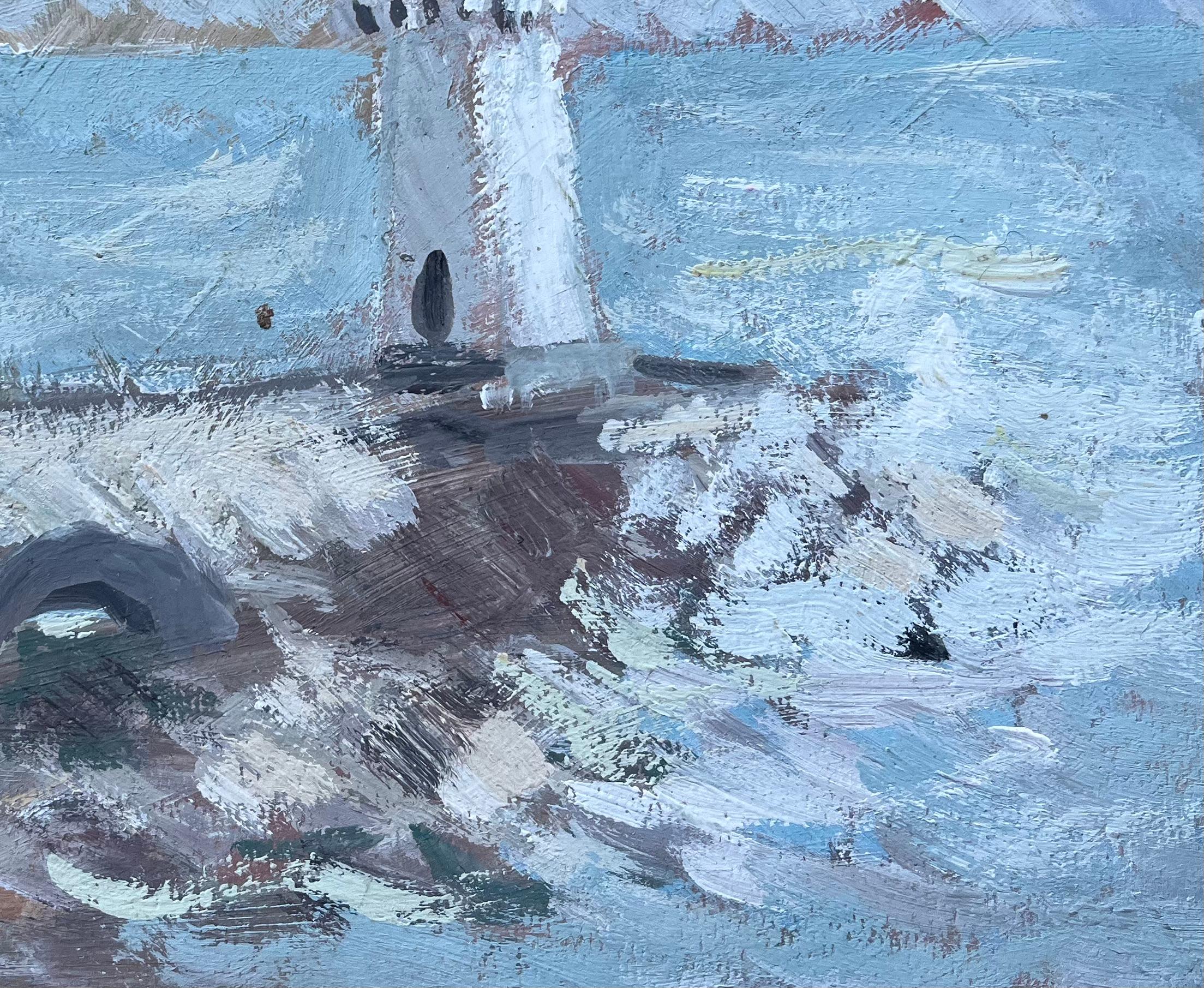 Titel: Französischer Impressionist Ölgemälde von Leuchtturm und stürmischer Küstenlinie
von Fanche Lel
Größe: 8,75 Zoll (Höhe) x 10,75 Zoll (Breite)
Ölgemälde auf Karton, ungerahmt
Zustand: Das Gemälde ist in gutem Zustand, mit leichten