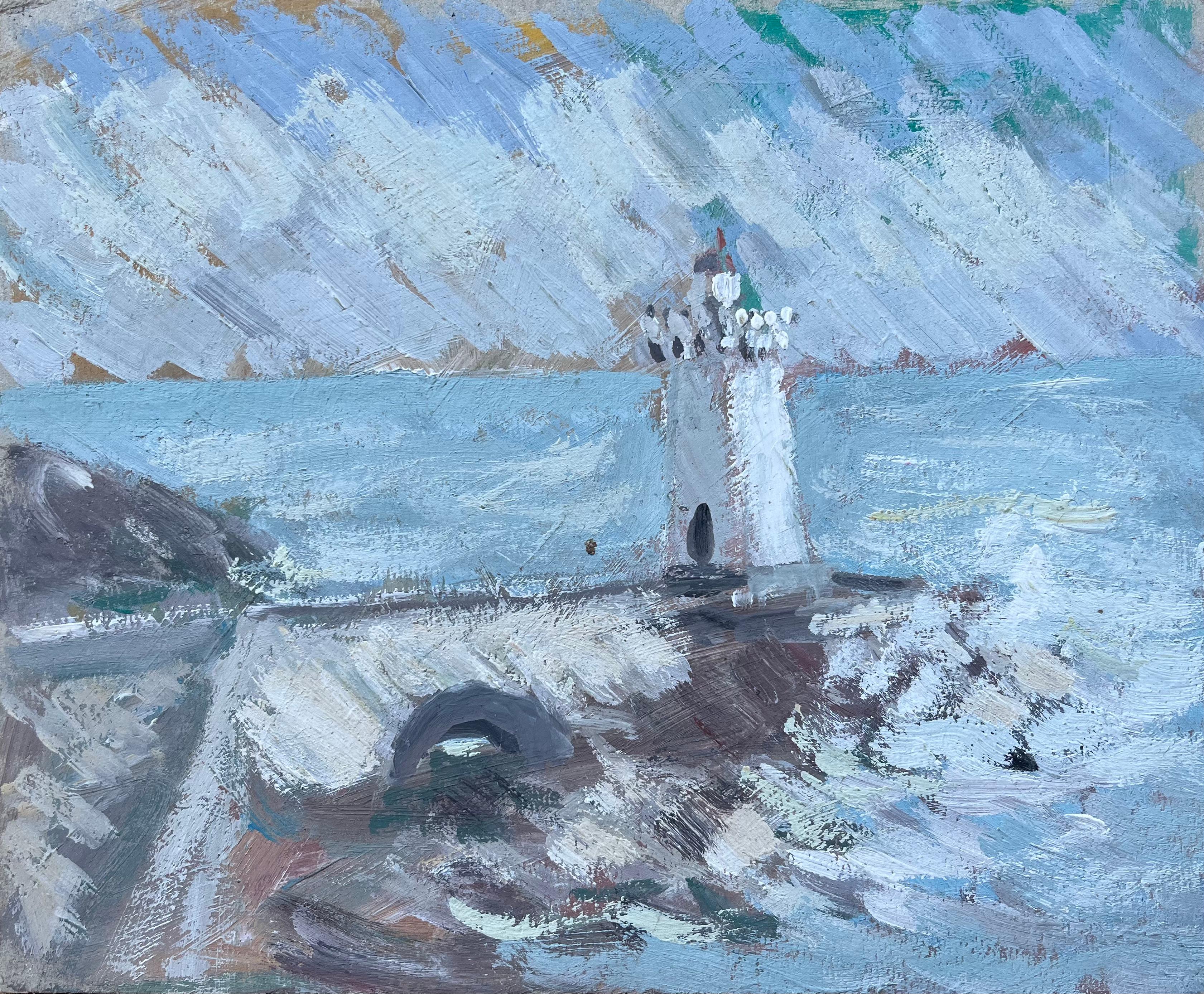 Óleo impresionista francés de faro y costa tormentosa
