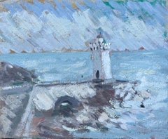 French Impressionist Oil Painting of Lighthouse and Stormy Coastline