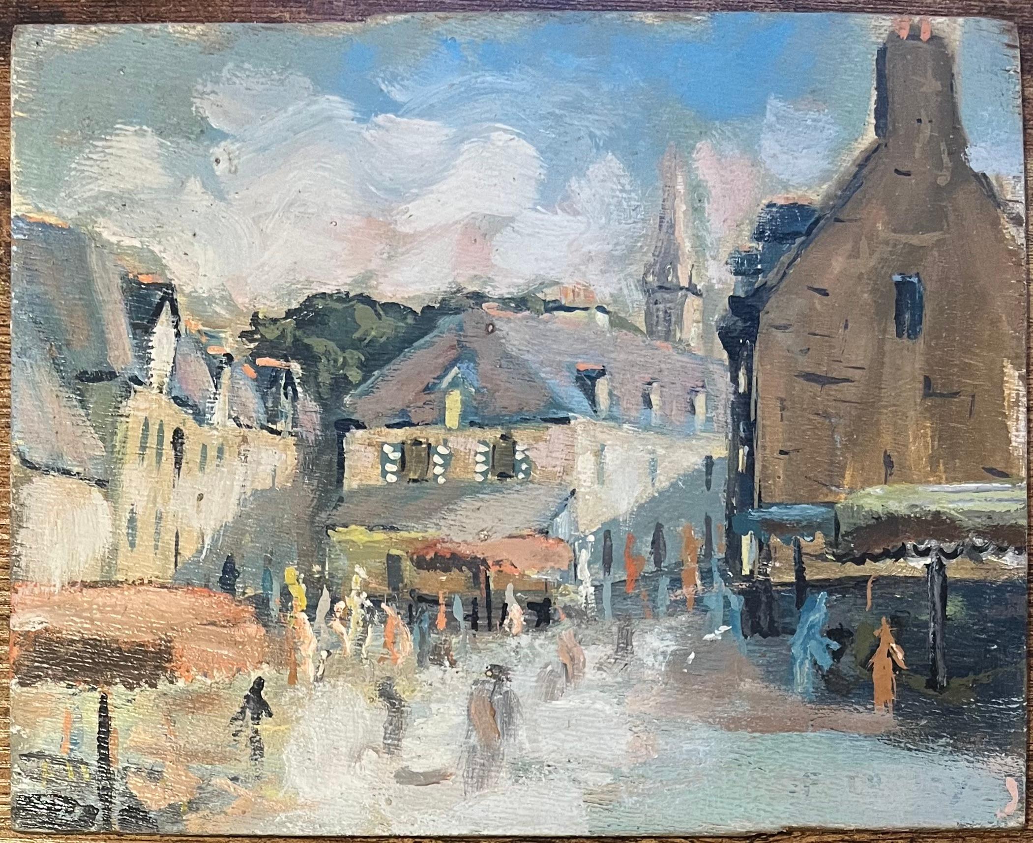 Óleo impresionista francés de Día de mercado en un pueblo francés - Painting Impresionista de Fanch Lel