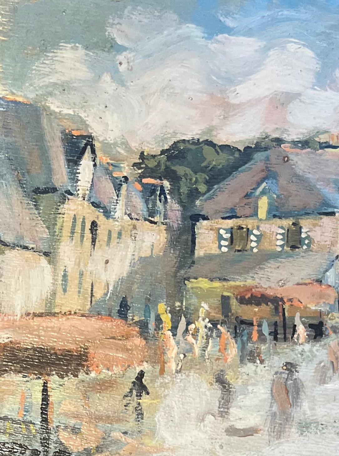 Óleo impresionista francés de Día de mercado en un pueblo francés - Figurative Painting Gris de Fanch Lel