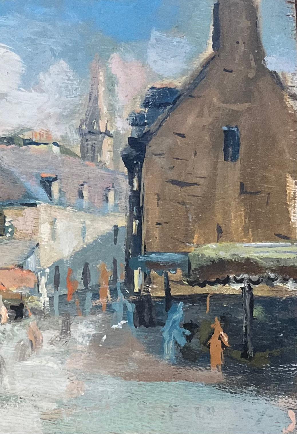 Título: Óleo impresionista francés de Día de mercado en un pueblo francés
Por Fanch Lel (francés, 1930)
Tamaño: 8,75 x 10,75 pulgadas (alto x ancho)
Óleo sobre tabla, sin enmarcar
Estado de conservación: El cuadro está en buen estado, con pequeños