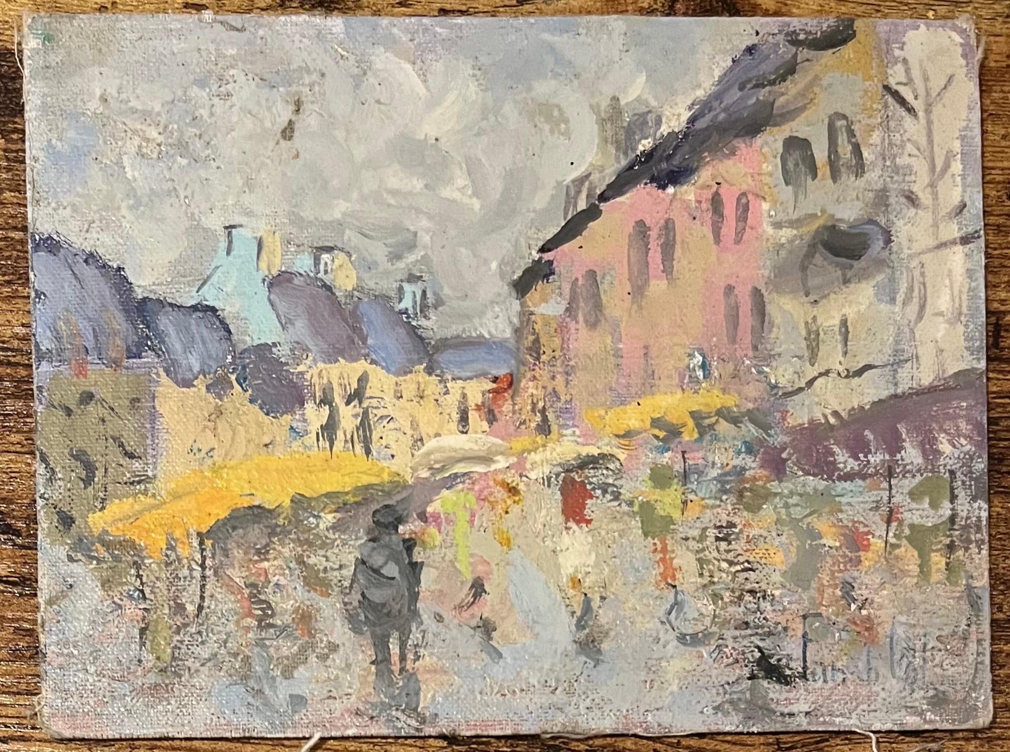 Óleo impresionista francés de Día de mercado en el pueblo con figuras - Painting de Fanch Lel