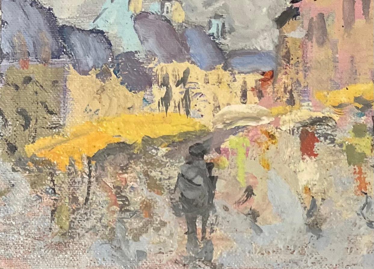Óleo impresionista francés de Día de mercado en el pueblo con figuras - Landscape Painting Marrón de Fanch Lel