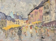 Französisches impressionistisches Ölgemälde des Markttags im Dorf mit Figuren, Ölgemälde des Impressionismus