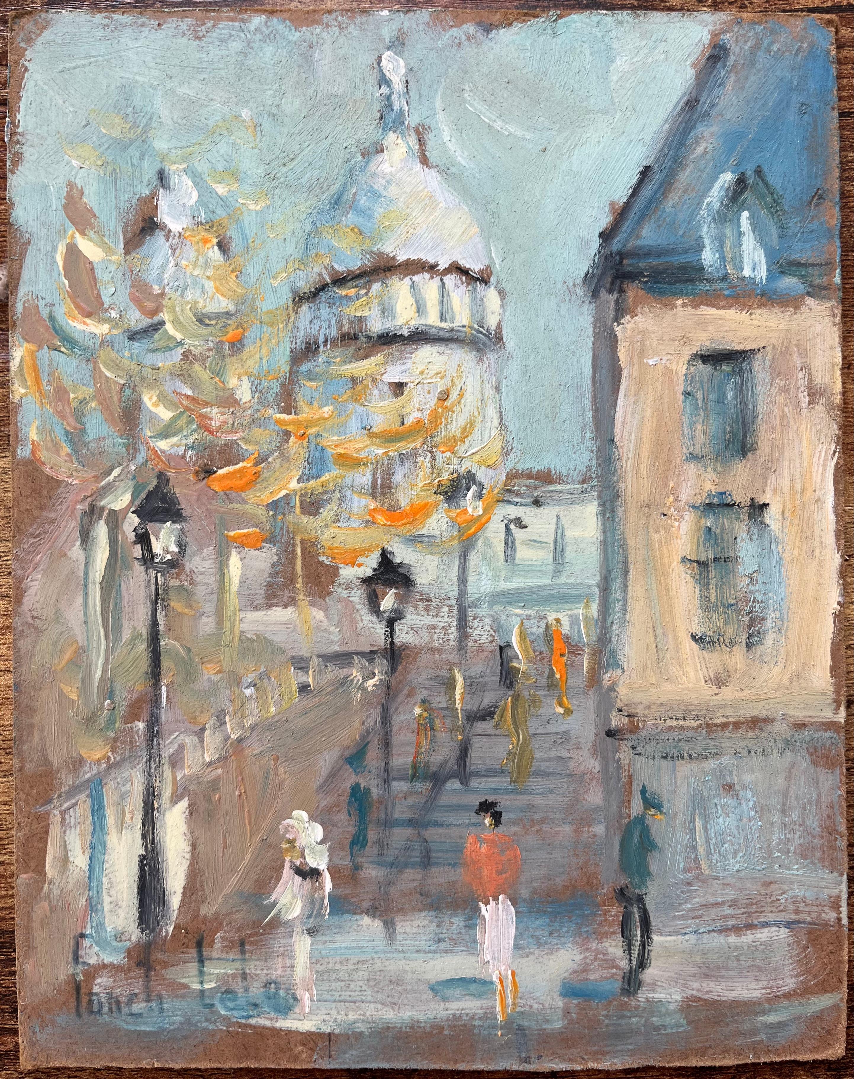 French Impressionist Oil Painting of Montmartre with a View of Sacré-Cœur - Gray Figurative Painting by Fanch Lel