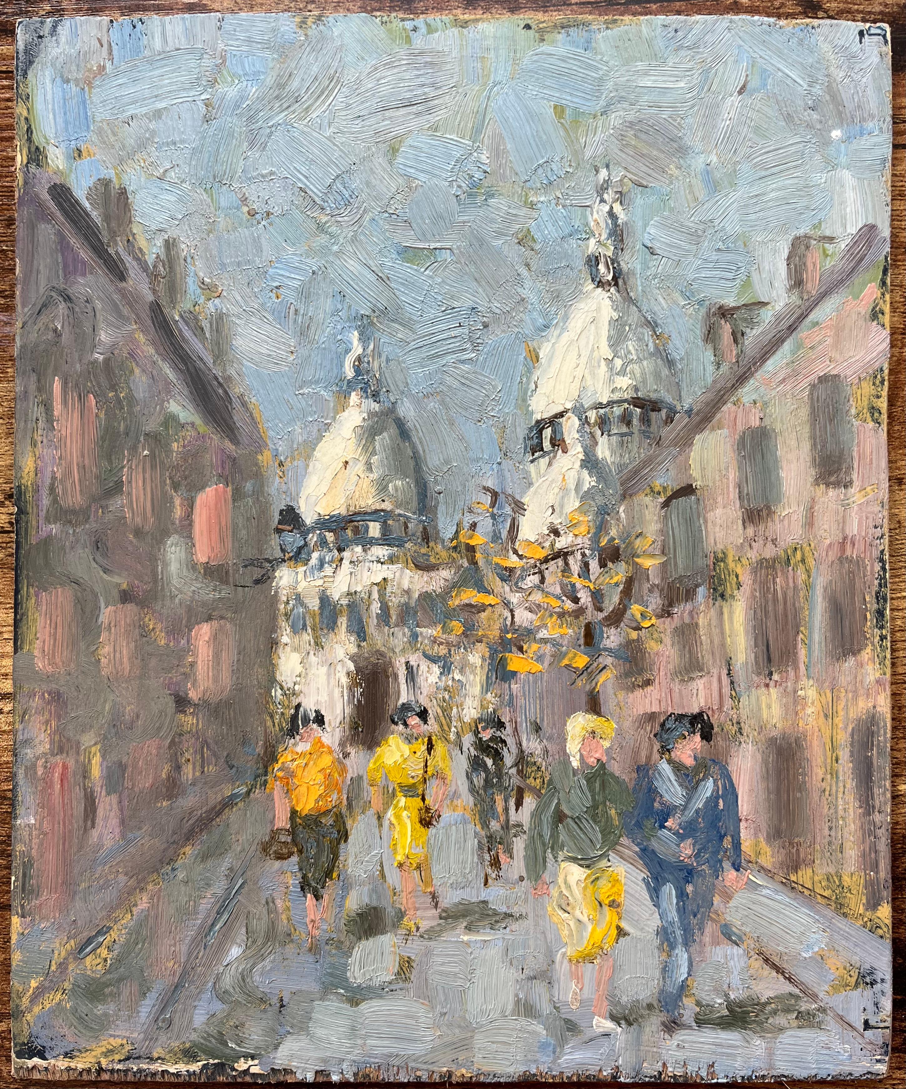 Quadro a olio impressionista francese di Montmartre con la Basilica del Sacro Cuore - Painting di Fanch Lel