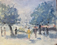 French Impressionist Oil Painting of Monument in a Park with Strolling Figures