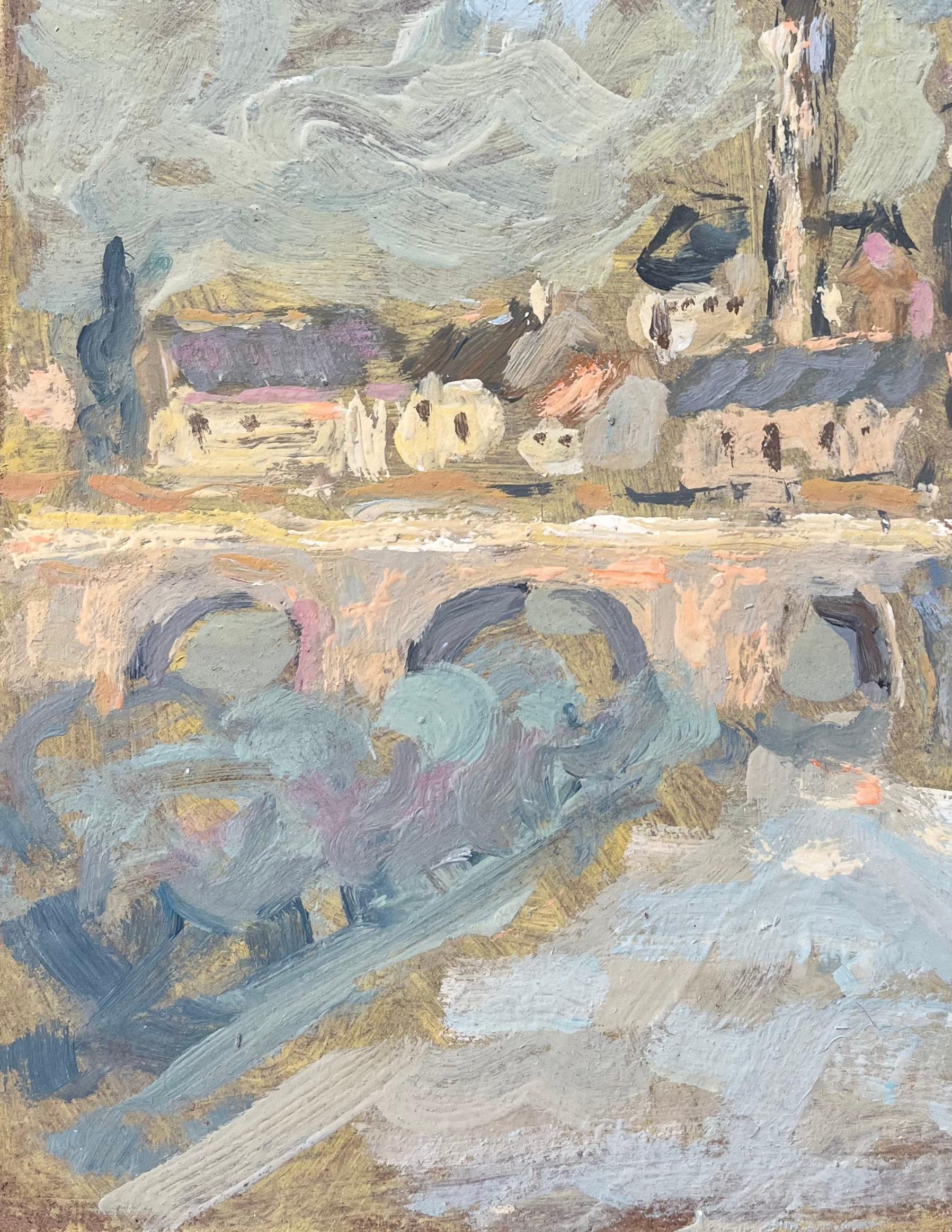 Óleo impresionista francés de Moret-sur-Loing, Francia - Landscape Painting Gris de Fanch Lel