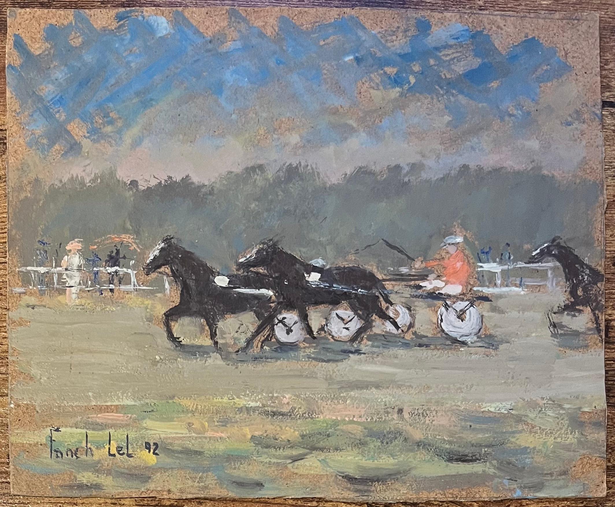 Pintura al óleo impresionista francesa de espectadores viendo carreras de caballos - Painting de Fanch Lel