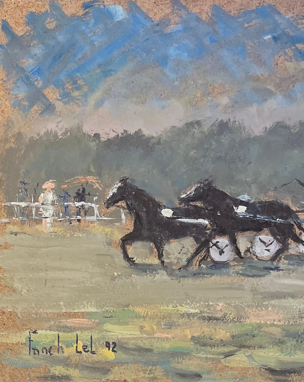 Título: Pintura al óleo impresionista francesa de espectadores viendo carreras de caballos
Por Fanch Lel (francés, 1930)
Tamaño: 8,75 x 10,75 pulgadas (alto x ancho)
Firmado: Sí
Óleo sobre tabla, sin enmarcar
Estado de conservación: El cuadro está