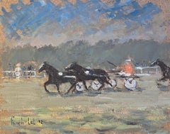 Used French Impressionist Oil Painting of Onlookers Watching Harness Racing