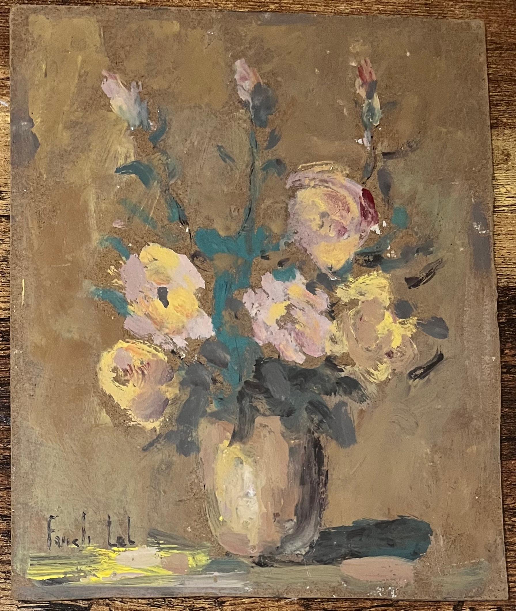 Pintura al óleo impresionista francesa de rosas rosas y amarillas en un jarrón - Painting de Fanch Lel