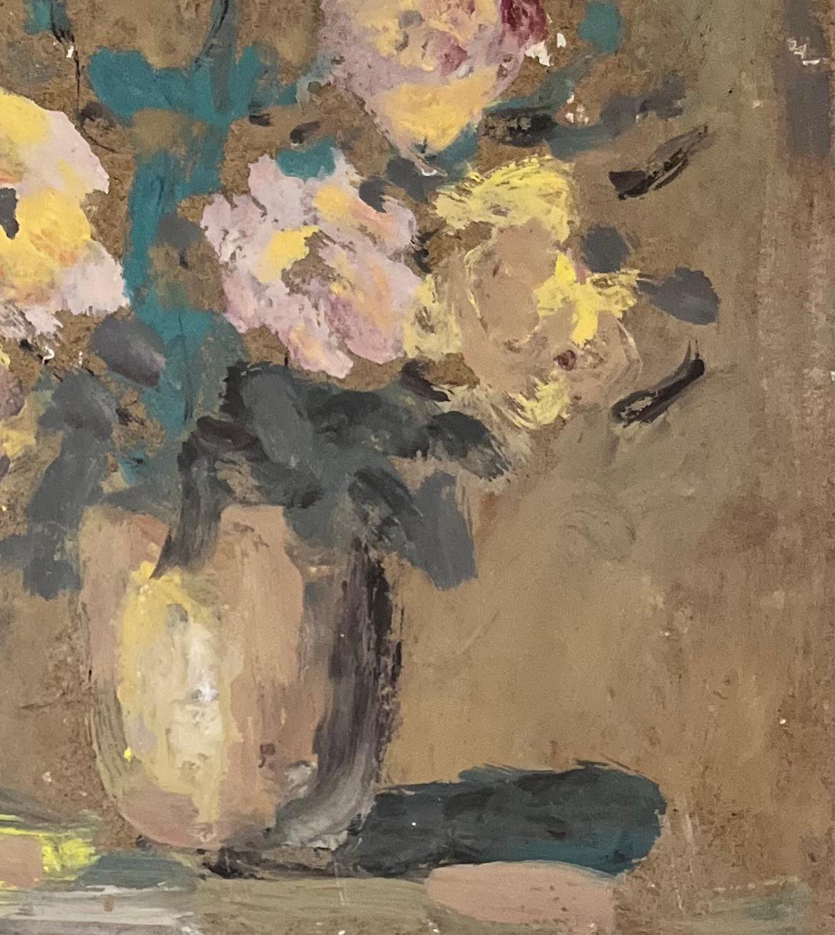 Pintura al óleo impresionista francesa de rosas rosas y amarillas en un jarrón - Painting Impresionista de Fanch Lel